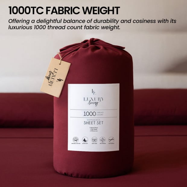 1000 Thread Count Cotton Rich King Bed Sheets 4-Piece Set - Burgundy Image 6