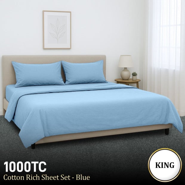 1000 Thread Count Cotton Rich King Bed Sheets 4-Piece Set - Blue