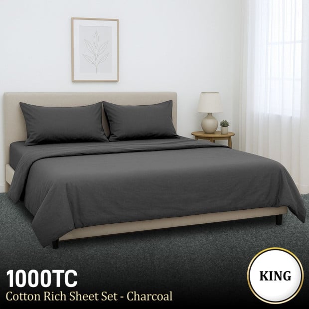 1000 Thread Count Cotton Rich King Bed Sheet Set 4-Piece Gift Pack in Charcoal Image 2