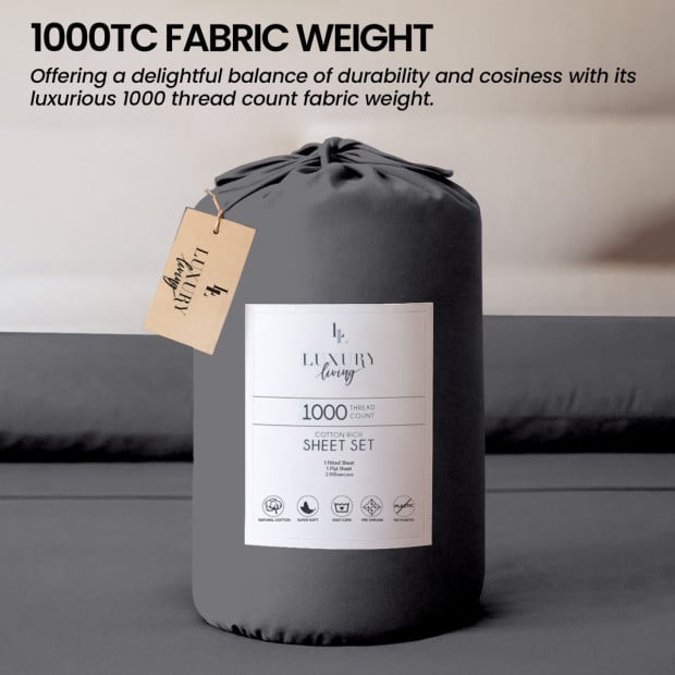 1000 Thread Count Cotton Rich King Bed Sheets 4-Piece Set - Charcoal Image 6