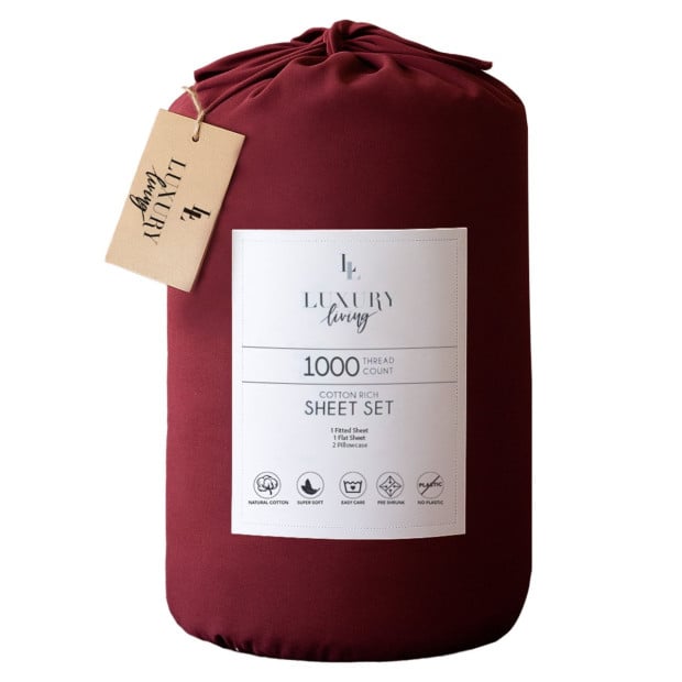 1000 Thread Count Cotton Rich Queen Bed Sheet Set 4-Piece Gift Pack in Burgundy Image 3