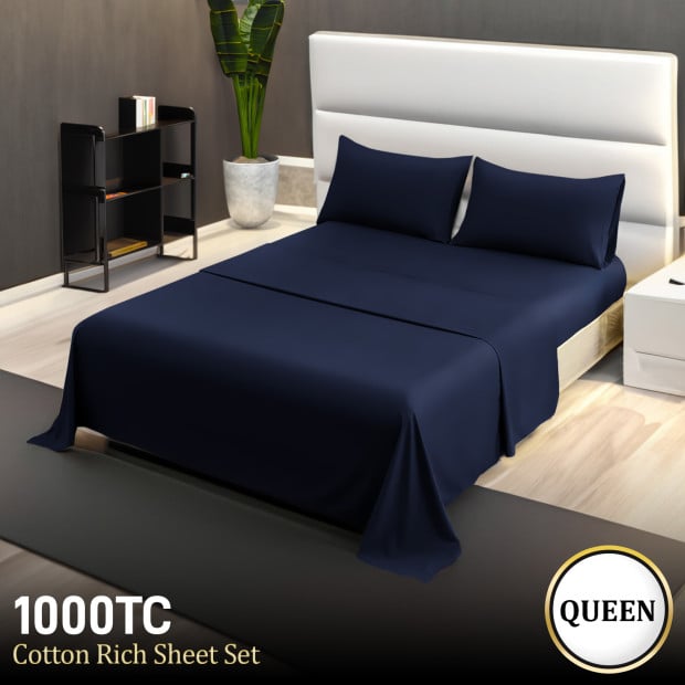 1000 Thread Count Cotton Rich Queen Bed Sheets 4-Piece Set - Navy