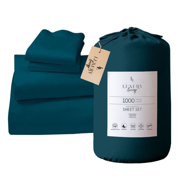 1000 Thread Count Cotton Rich Queen Bed Sheet Set 4-Piece Gift Pack in Teal