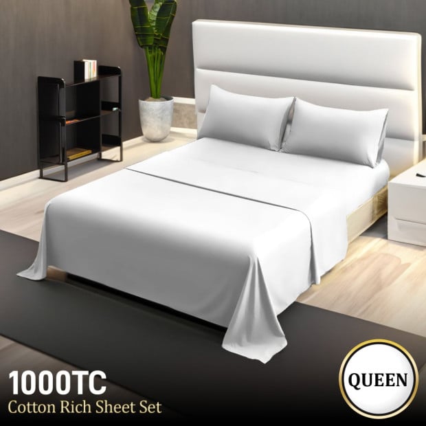 1000 Thread Count Cotton Rich Queen Bed Sheets 4-Piece Set - White