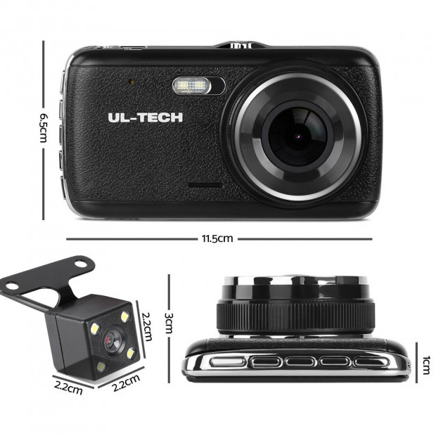 UL Tech 4 Inch Dual Camera Dash Camera - Black Image 1