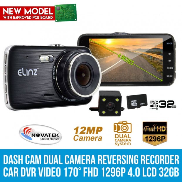Elinz 4.0in Lcd Dash Cam Dual Camera Reversing Car 1296p Fhd