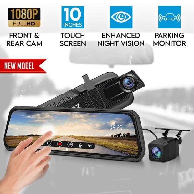 10in Rearview Mirror 1080p Touch Screen Car Dash Cam Reversing Camera