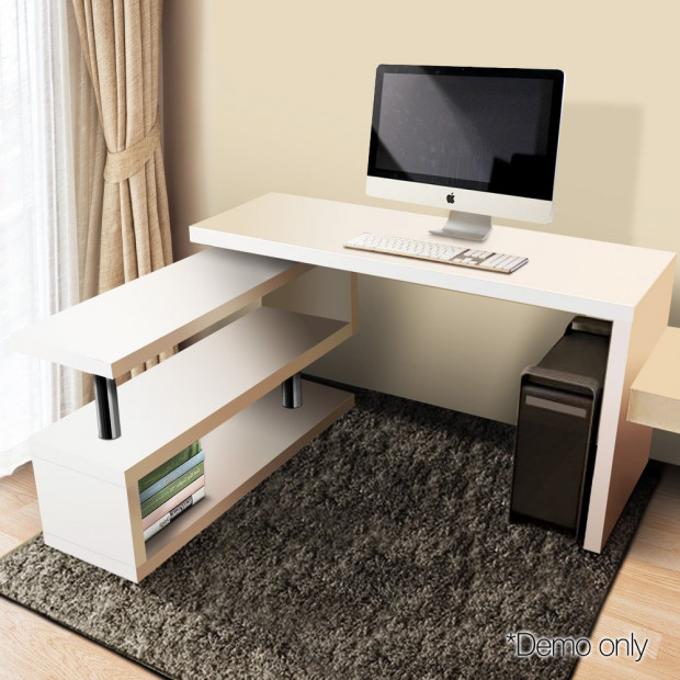 Office Computer Desk Corner Table w/ Bookshelf White Image 11