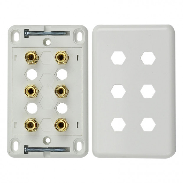 3 Speaker Wall Plate for Banana Plugs, Bare Wire & Spade Terminals