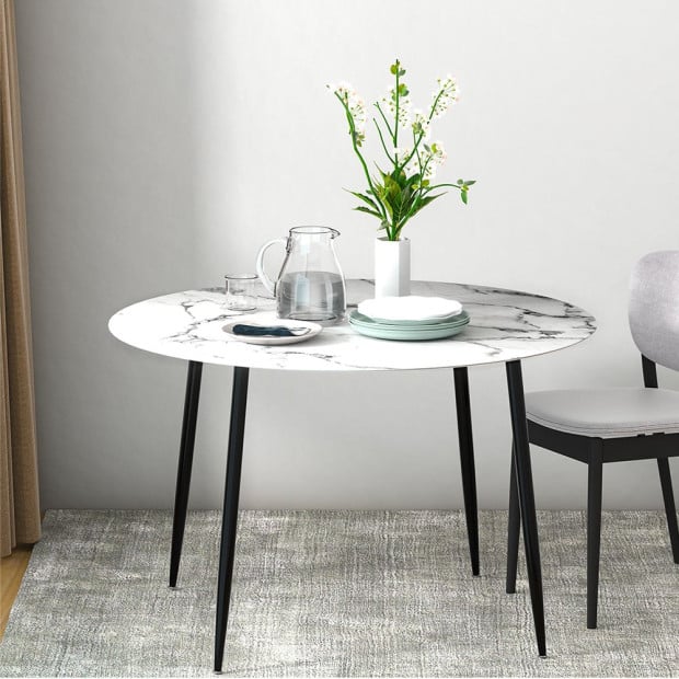Dining Table Round Wooden With Marble Effect Metal Legs 110cm White Image 8