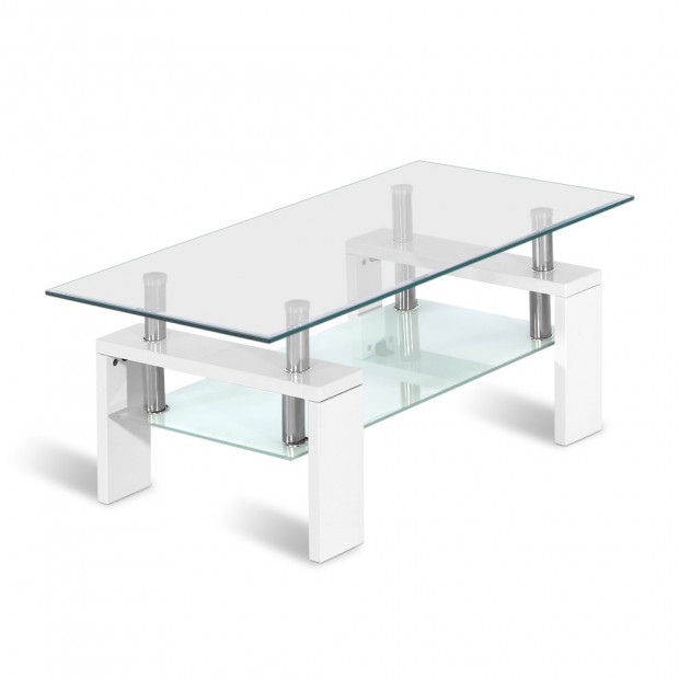 2 Tier Coffee Table Tempered Glass Stainless Steel White