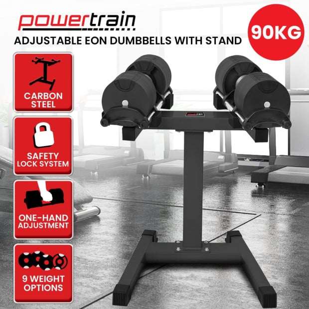 Powertrain Eon 2 x 45kg Adjustable Dumbbells w/ Stand Heavy-Duty Storage Rack Home Gym 9 Strength Training Equipment