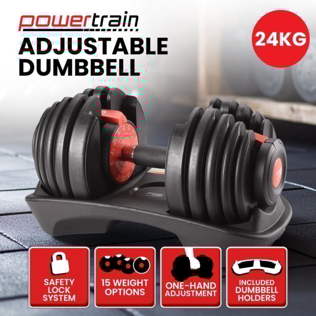 Powertrain 24kg Adjustable Dumbbells 15-in-1 Home Gym Weights  Red