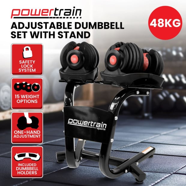 Powertrain 48kg Adjustable Dumbbells with Dumbbell Stand  Red