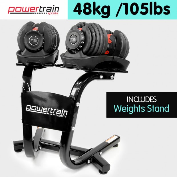 Powertrain 2x 24kg Adjustable Dumbbells Home Gym Weights with Stand Image 2