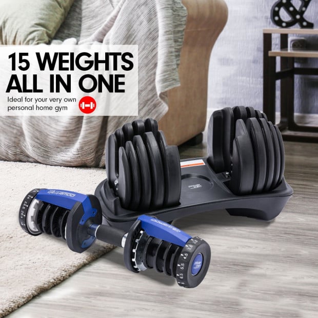 Powertrain 2x 24kg Blue Home Gym Adjustable Dumbbells Weights Image 3