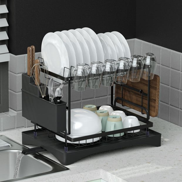 Kitchen 2 Tiers Dish Rack Expandable Drying Drainer Cutlery Holder Image 7