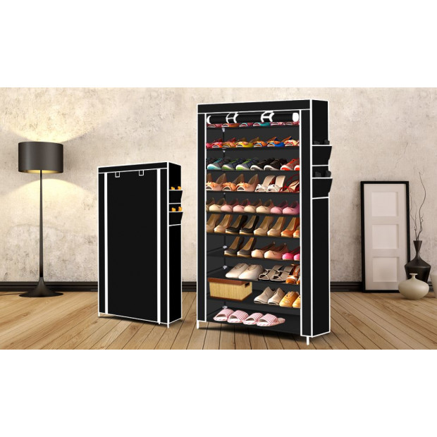 10 Tier Shoe Rack Portable Storage Cabinet Organiser Black