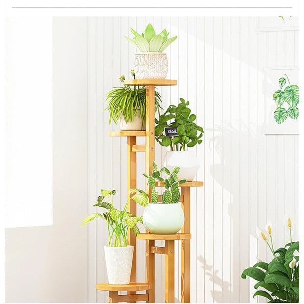 5 Tiers Vertical Bamboo Plant Stand Flower Shelf Rack Outdoor Garden Image 2