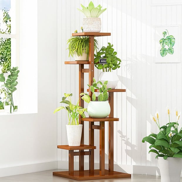 5 Tiers Vertical Bamboo Plant Stand Flower Shelf Rack - Dark Wood