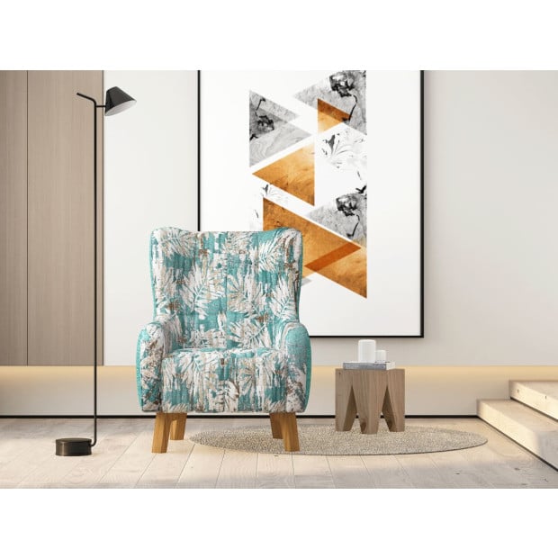 Armchair High back Lounge Printed Fabric Upholstery with Wooden Leg Image 2