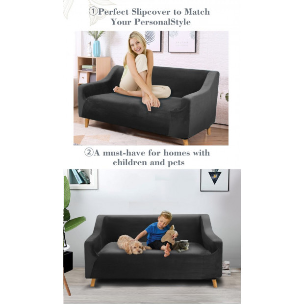 Black 2 Seater Plush Stretch Sofa Cover Image 3