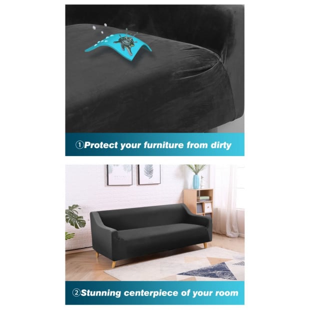 Black 2 Seater Plush Stretch Sofa Cover Image 6