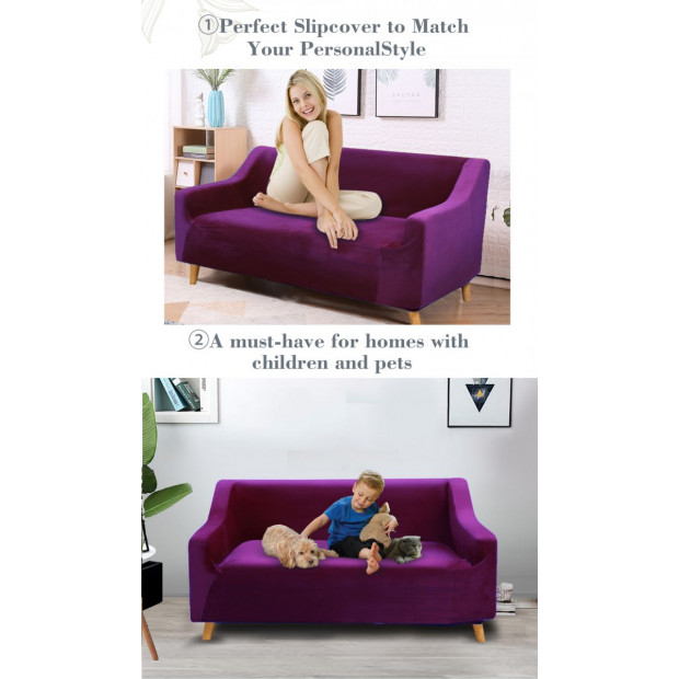 Wine 2 Seater Plush Stretch Sofa Cover Image 3