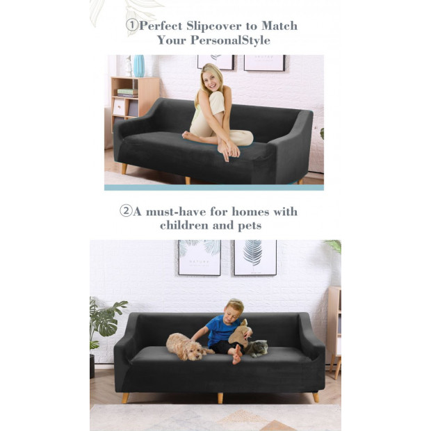 Black 4 Seater Plush Stretch Sofa Cover Image 3
