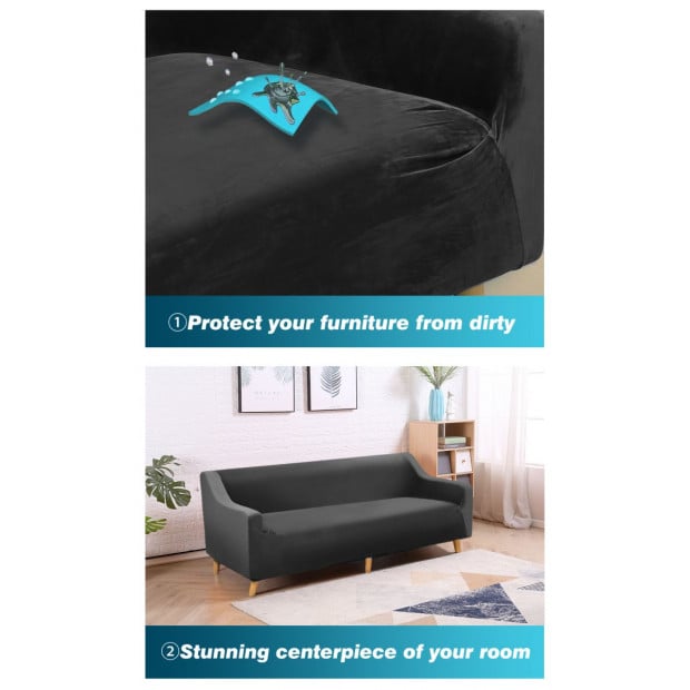 Black 4 Seater Plush Stretch Sofa Cover Image 6