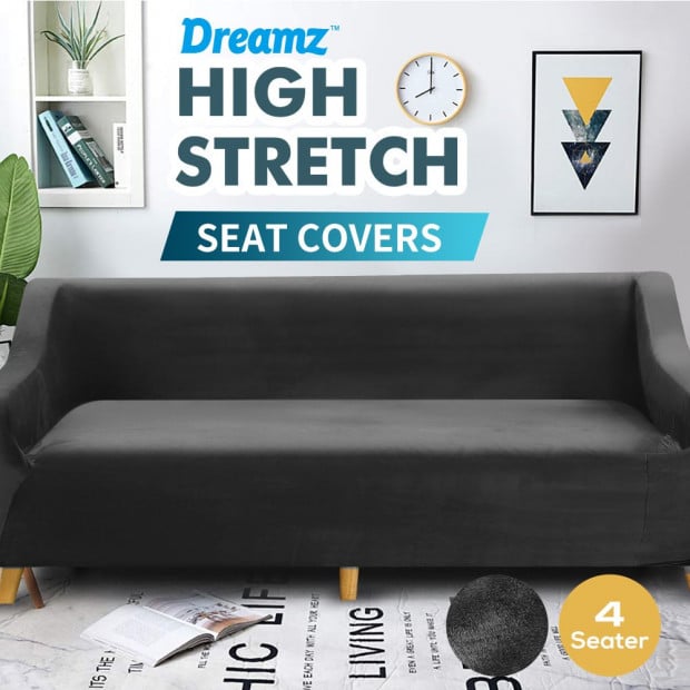 Black 4 Seater Plush Stretch Sofa Cover
