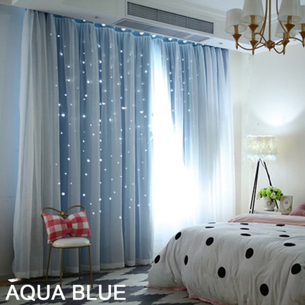 Single Panel Star Blockout Curtain Pure Fabric In Blue 140x213cm