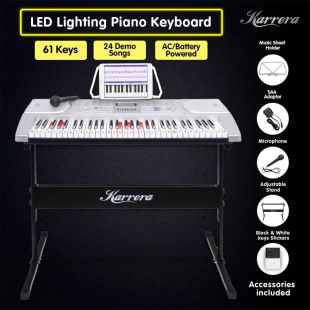 Karrera 61 Keys Electronic LED Keyboard Piano with Stand - Silver CHJ-61-L