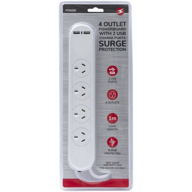 4 Way Outlet Power Board Socket With 2 Usb 1 Meter Surge Protection Image 2