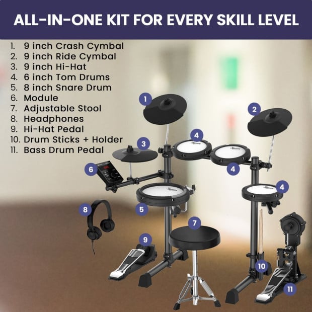 Karrera 18S Electronic Drum Kit Quiet Mesh Pads 8 Dual-Trigger Snare Bluetooth 300+ Sounds Image 11