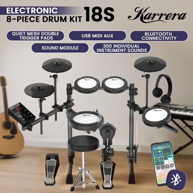Karrera 18S Electronic Drum Kit Quiet Mesh Pads 8 Dual-Trigger Snare Bluetooth 300+ Sounds