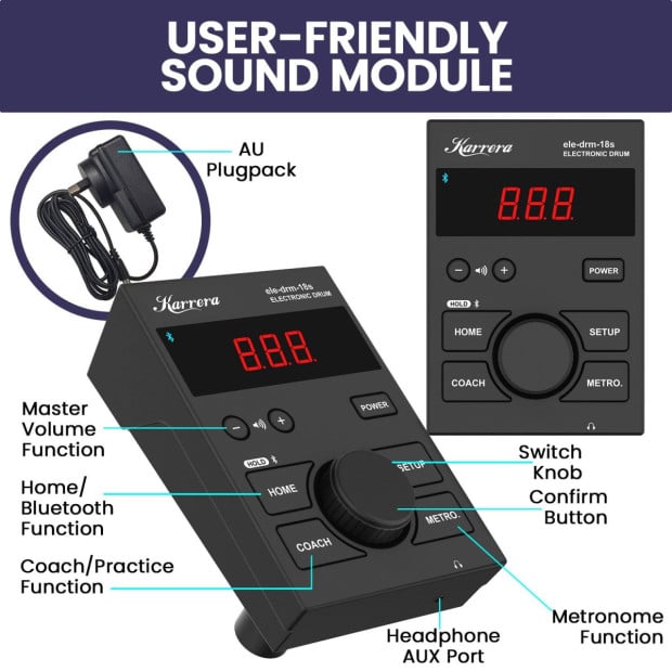 Karrera 18S Electronic Drum Kit Quiet Mesh Pads 8 Dual-Trigger Snare Bluetooth 300+ Sounds Image 7