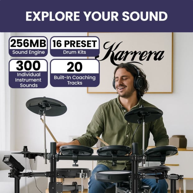 Karrera 18S Electronic Drum Kit Quiet Mesh Pads 8 Dual-Trigger Snare Bluetooth 300+ Sounds Image 8