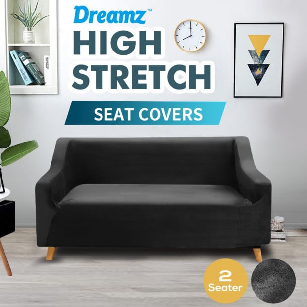Black 2 Seater Plush Stretch Sofa Cover