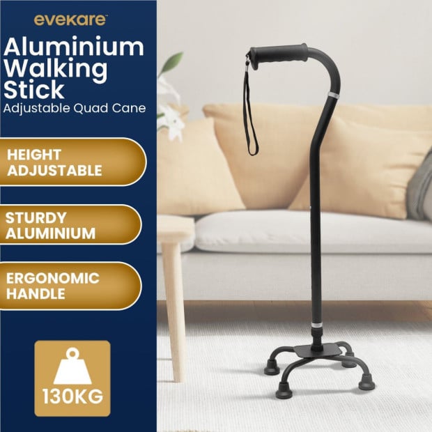 Evekare Adjustable Quad Cane - Black