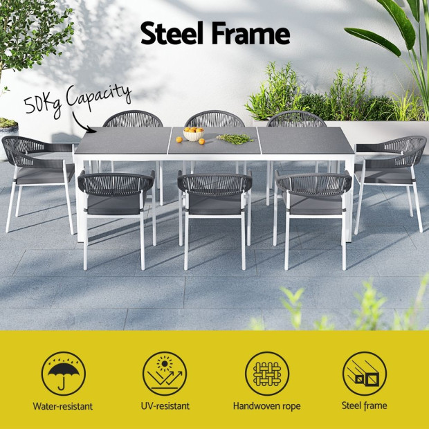 Outdoor Dining Set 9 Piece Steel Table Chairs Setting White Image 4