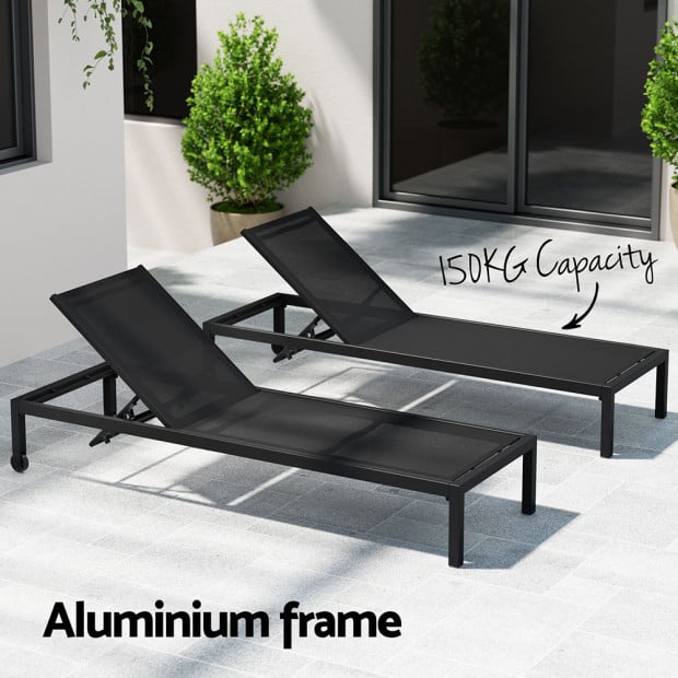 Sun Lounge Outdoor Lounger Aluminium Folding Beach Chair Wheels Black Image 5