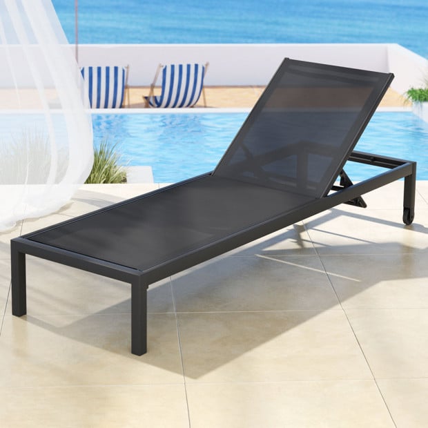 Sun Lounge Outdoor Lounger Aluminium Folding Beach Chair Wheels Black Image 7