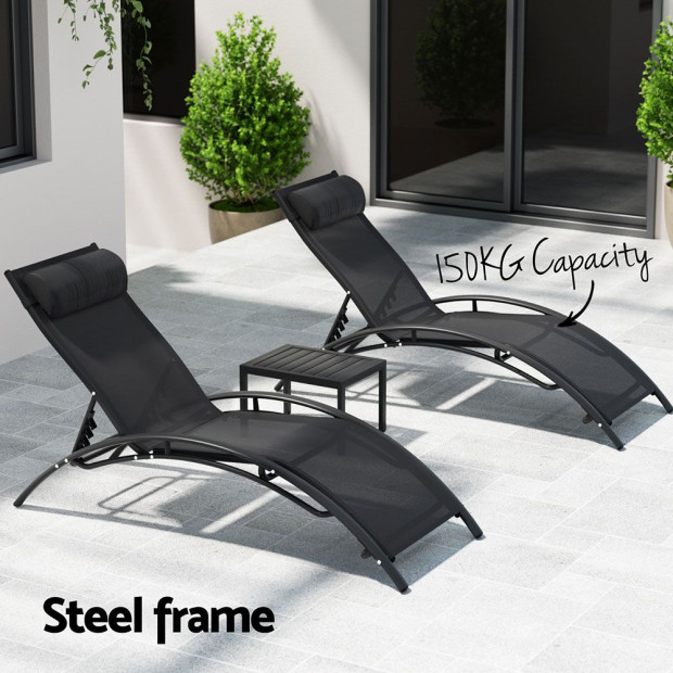 3pc Sun Lounge Outdoor Lounger Steel Table Chairs Patio Furniture Garden Image 5