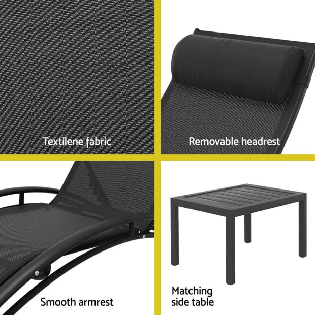 3pc Sun Lounge Outdoor Lounger Steel Table Chairs Patio Furniture Garden Image 6