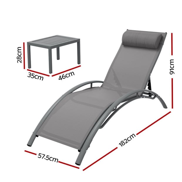 3pc Sun Lounge Outdoor Lounger Steel Table Chairs Patio Furniture Grey Image 2