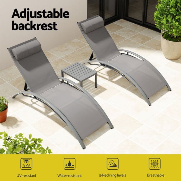 3pc Sun Lounge Outdoor Lounger Steel Table Chairs Patio Furniture Grey Image 4