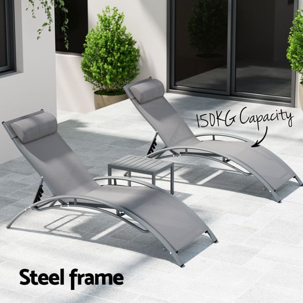 3pc Sun Lounge Outdoor Lounger Steel Table Chairs Patio Furniture Grey Image 5