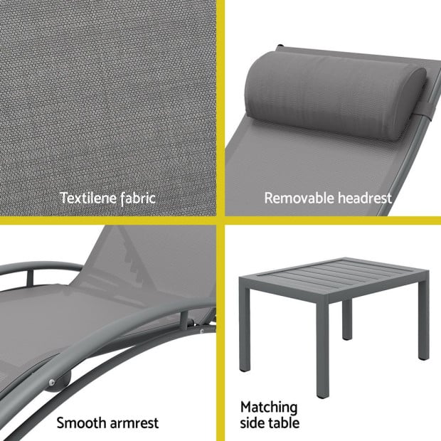 3pc Sun Lounge Outdoor Lounger Steel Table Chairs Patio Furniture Grey Image 6