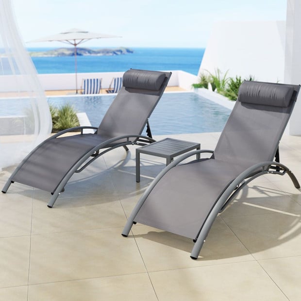 3pc Sun Lounge Outdoor Lounger Steel Table Chairs Patio Furniture Grey Image 7